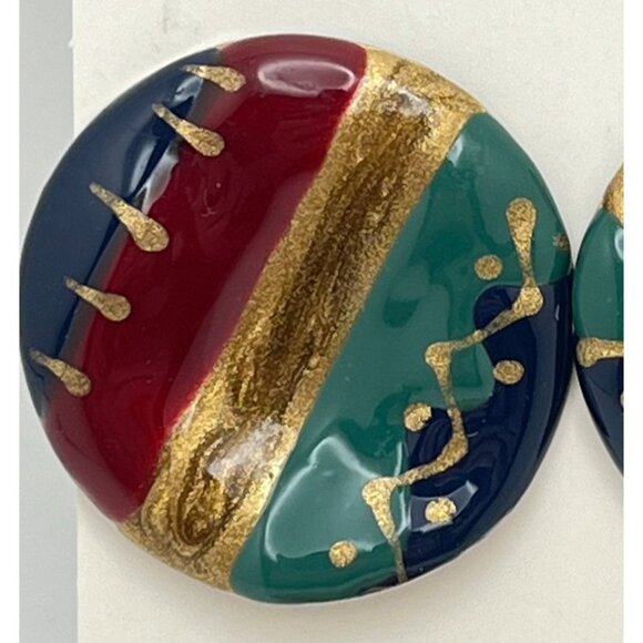 Retro 80s Earrings Vintage Swirl Paint Style Abstract Round Earth Tones - Picture 4 of 7